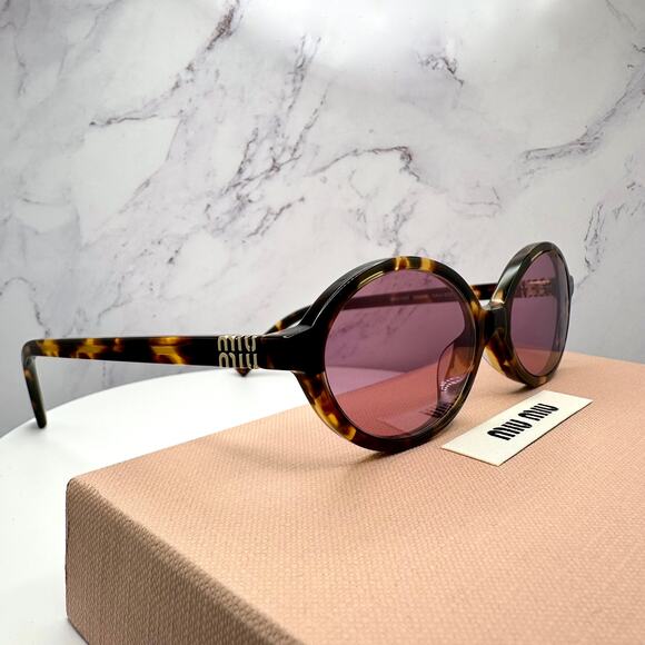 New MIU MIU Sunglasses Brown Tortoise Round Acetate Gold Metal Logo Authentic - Picture 13 of 16